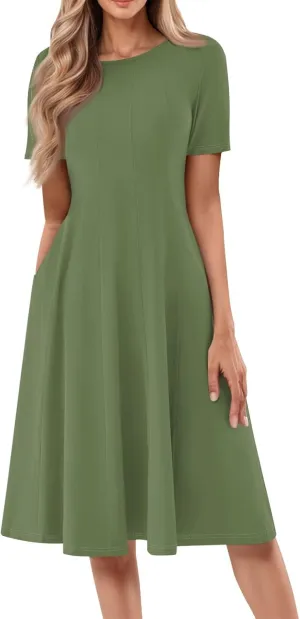 Women Summer Dresses Women's Summer 2025 Midi Dresses Fahion Casual Plain Pleated Crew Neck A Line Dresses
