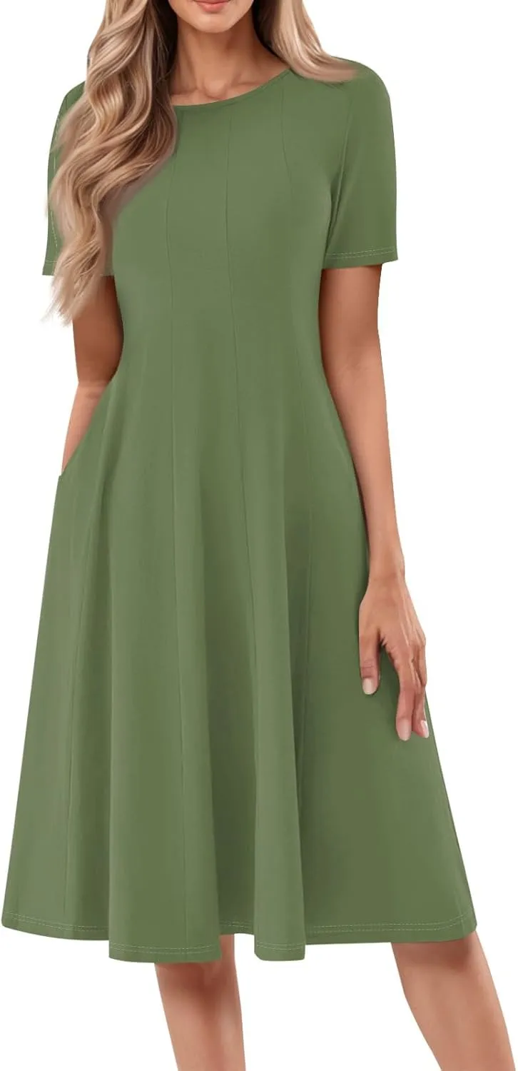 Women Summer Dresses Women's Summer 2025 Midi Dresses Fahion Casual Plain Pleated Crew Neck A Line Dresses