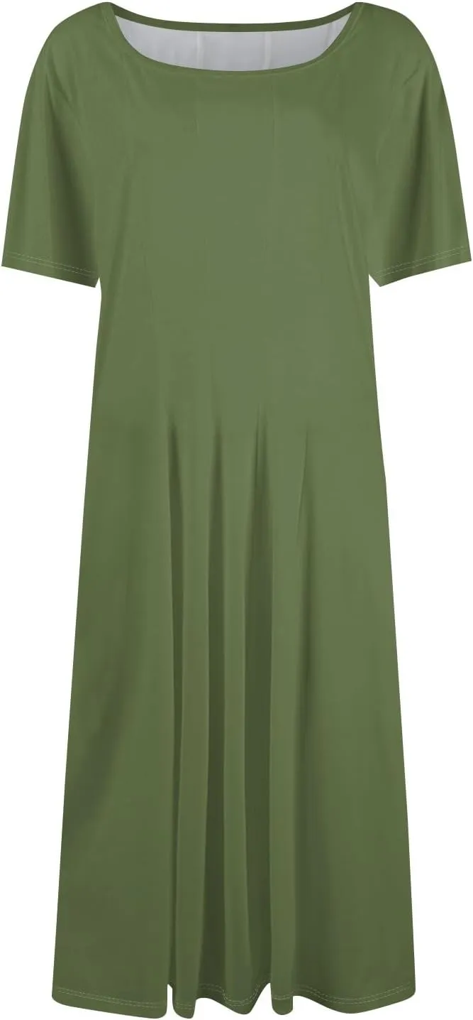 Women Summer Dresses Women's Summer 2025 Midi Dresses Fahion Casual Plain Pleated Crew Neck A Line Dresses
