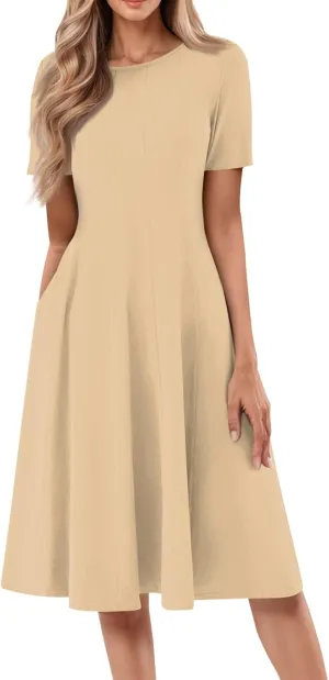 Women Summer Dresses Women's Summer 2025 Midi Dresses Fahion Casual Plain Pleated Crew Neck A Line Dresses