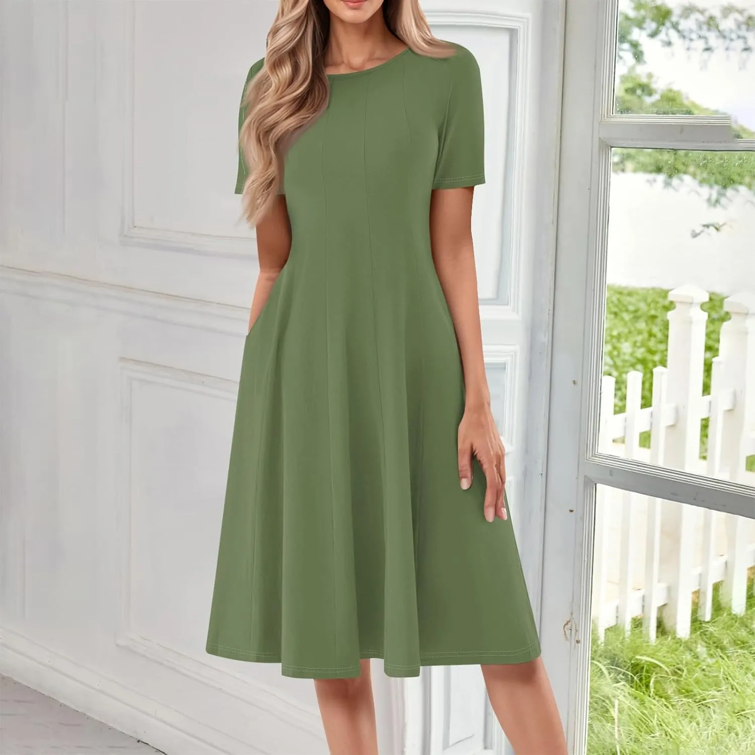 Women Summer Dresses Women's Summer 2025 Midi Dresses Fahion Casual Plain Pleated Crew Neck A Line Dresses