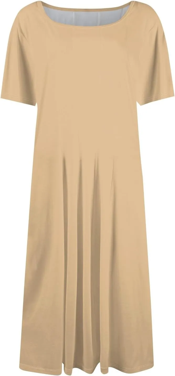 Women Summer Dresses Women's Summer 2025 Midi Dresses Fahion Casual Plain Pleated Crew Neck A Line Dresses