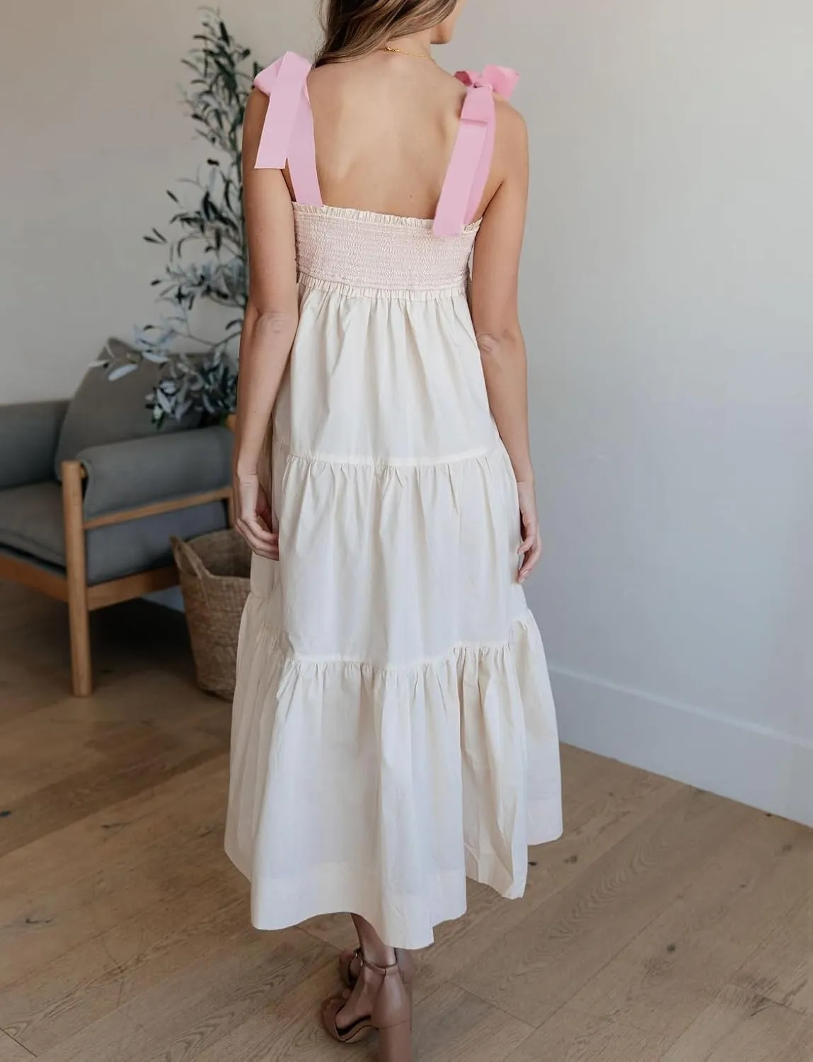 Women Summer Floral Maxi Dress Tie Shoulder Strap Smocked Flowy Dress Boho Sleeveless Beach Long Sundresses