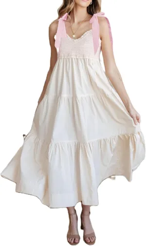 Women Summer Floral Maxi Dress Tie Shoulder Strap Smocked Flowy Dress Boho Sleeveless Beach Long Sundresses