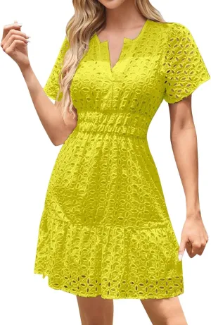 Women Summer Hollow Out Mini Dress Short Sleeve V Neck Lace Smocked Waist Ruffle A Line Beach Party Short Sundress