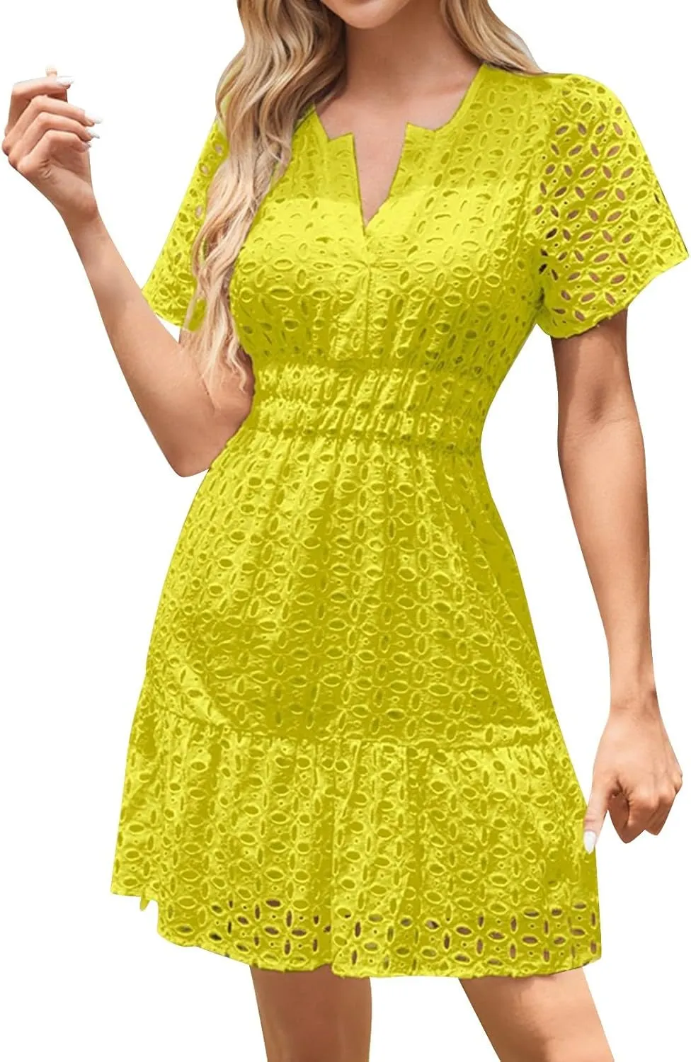 Women Summer Hollow Out Mini Dress Short Sleeve V Neck Lace Smocked Waist Ruffle A Line Beach Party Short Sundress