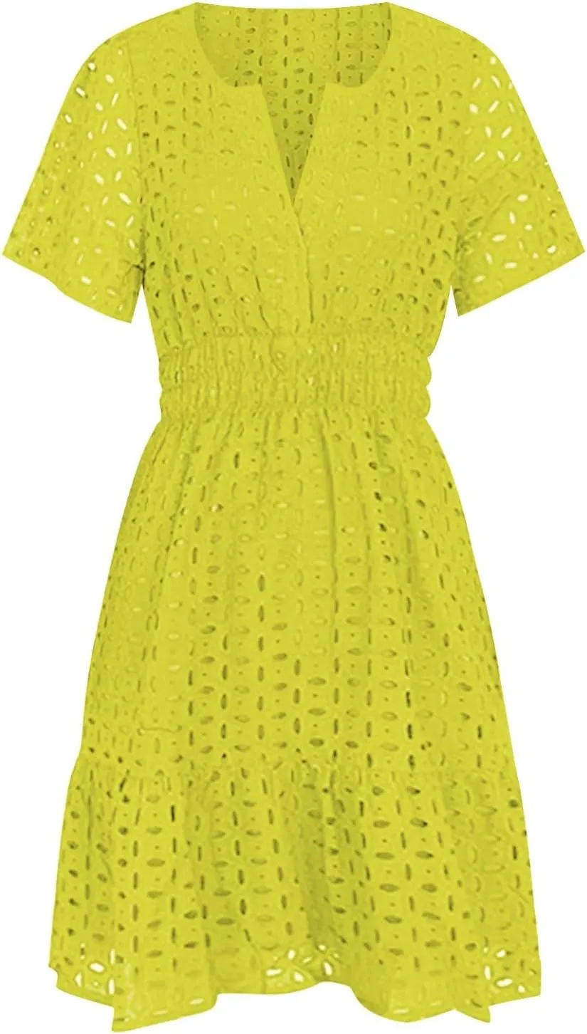 Women Summer Hollow Out Mini Dress Short Sleeve V Neck Lace Smocked Waist Ruffle A Line Beach Party Short Sundress
