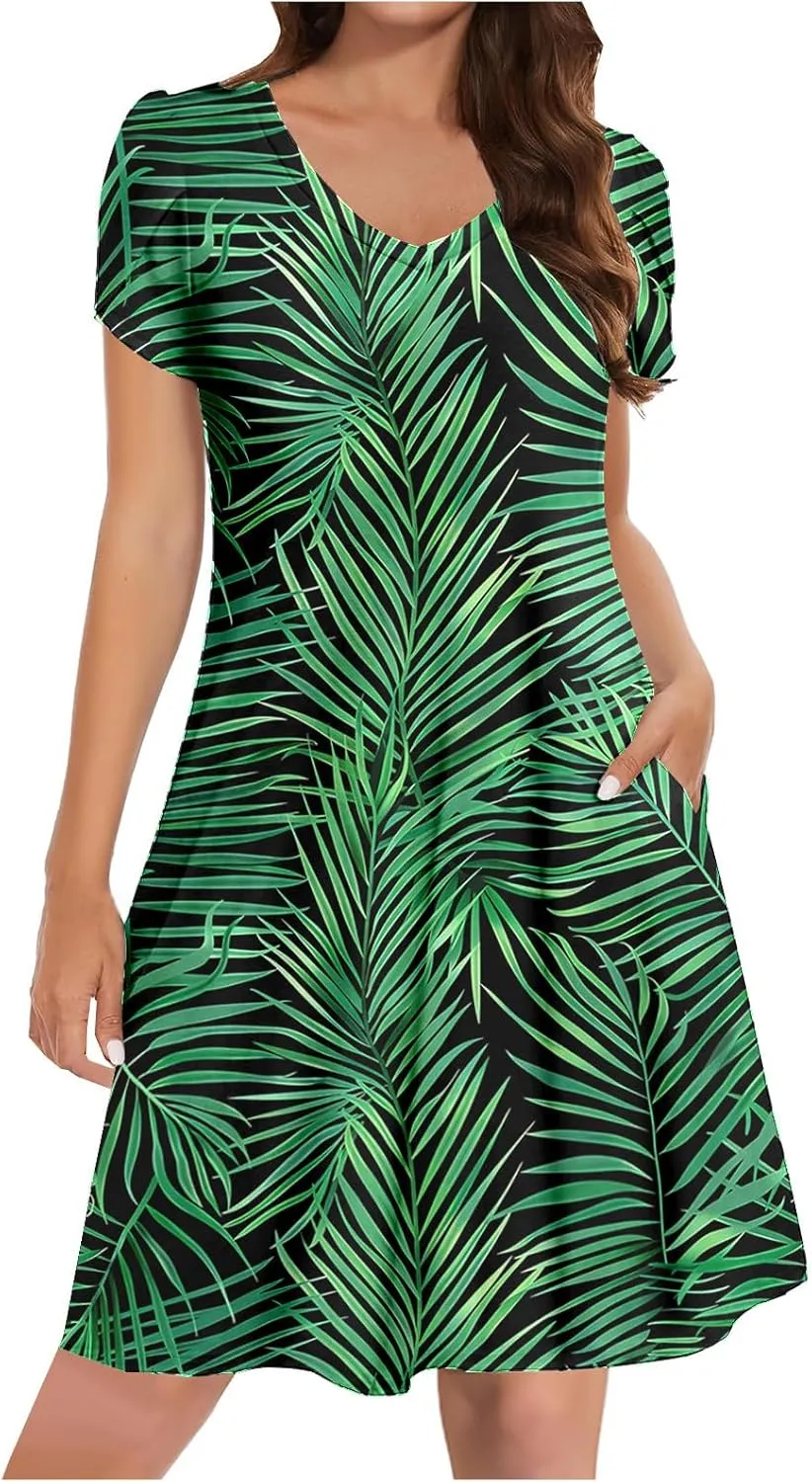 Women Summer Petal Sleeve Mini Dresses with Pockets Casual Aline Flowy V Neck T-Shirt Dress Solid Beach Sundress