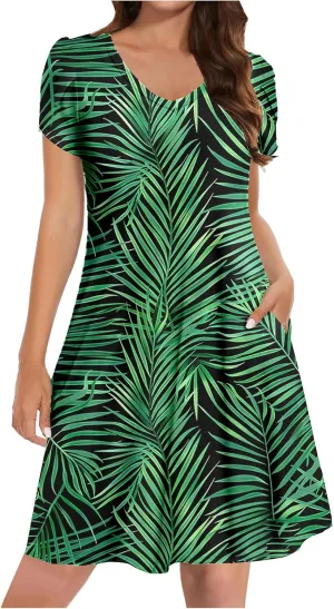 Women Summer Petal Sleeve Mini Dresses with Pockets Casual Aline Flowy V Neck T-Shirt Dress Solid Beach Sundress