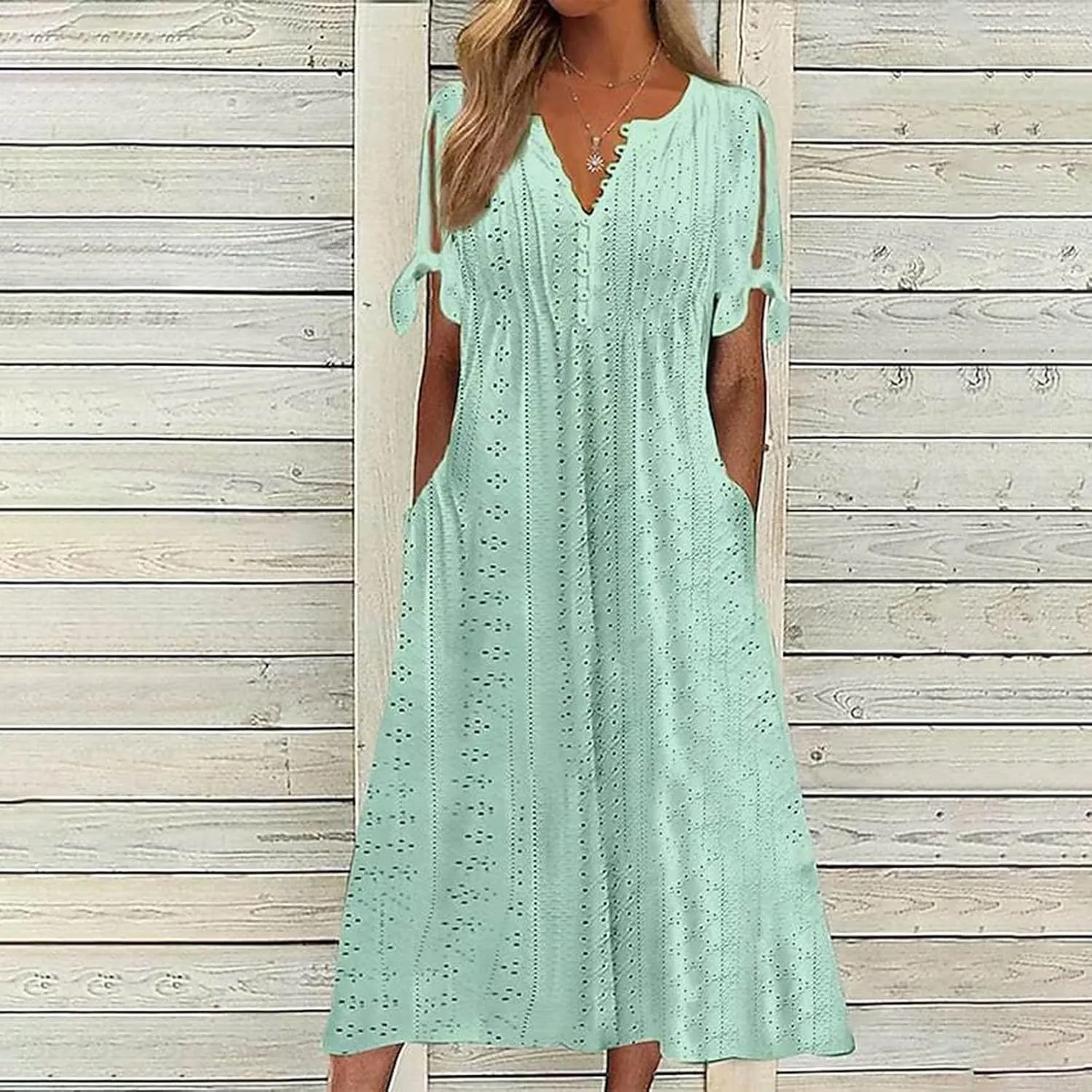 Women Summer Ruffle Hem Floral Lace Eyelet Dress Casual Notch Neck Midi Tunic Dress with Pocket A Line Casual Sundress
