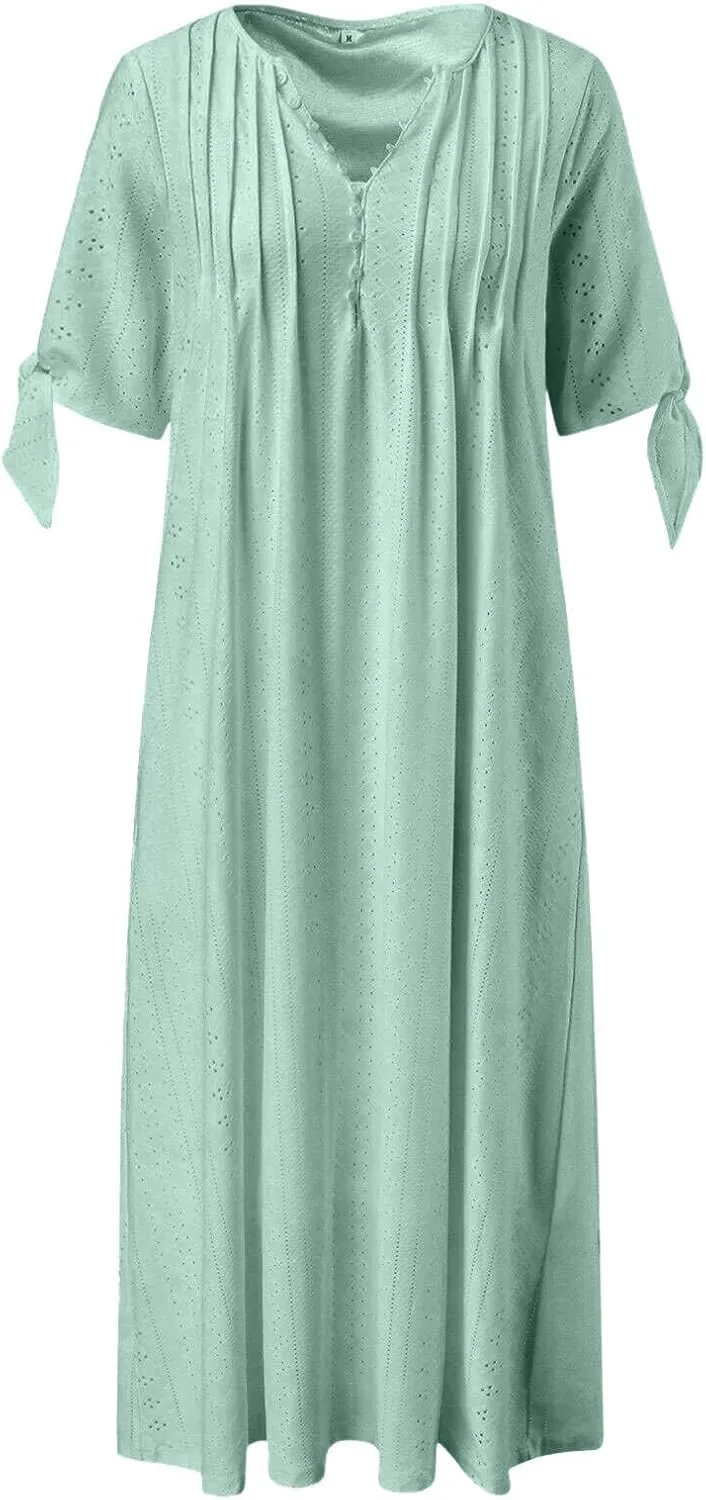 Women Summer Ruffle Hem Floral Lace Eyelet Dress Casual Notch Neck Midi Tunic Dress with Pocket A Line Casual Sundress
