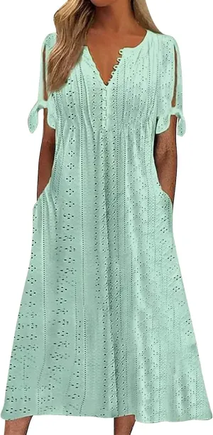 Women Summer Ruffle Hem Floral Lace Eyelet Dress Casual Notch Neck Midi Tunic Dress with Pocket A Line Casual Sundress