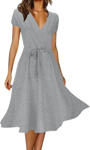 Women Summer Short Sleeve Casual Midi Dresses V Neck Floral Sundress Faux Wrap Dress with Pocket Chiffon Floral Beach Dresses