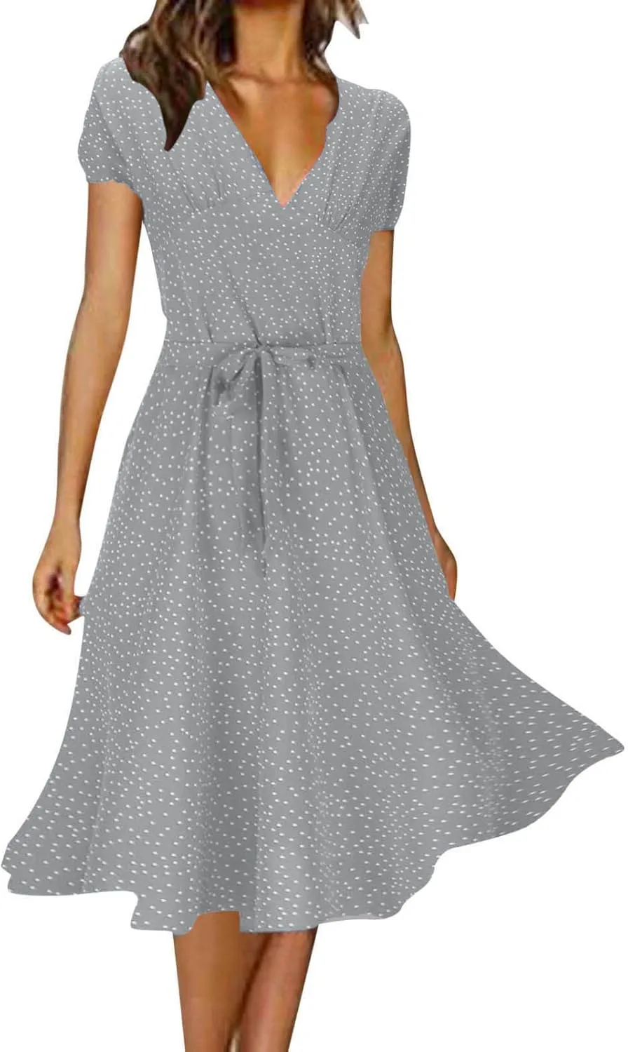 Women Summer Short Sleeve Casual Midi Dresses V Neck Floral Sundress Faux Wrap Dress with Pocket Chiffon Floral Beach Dresses