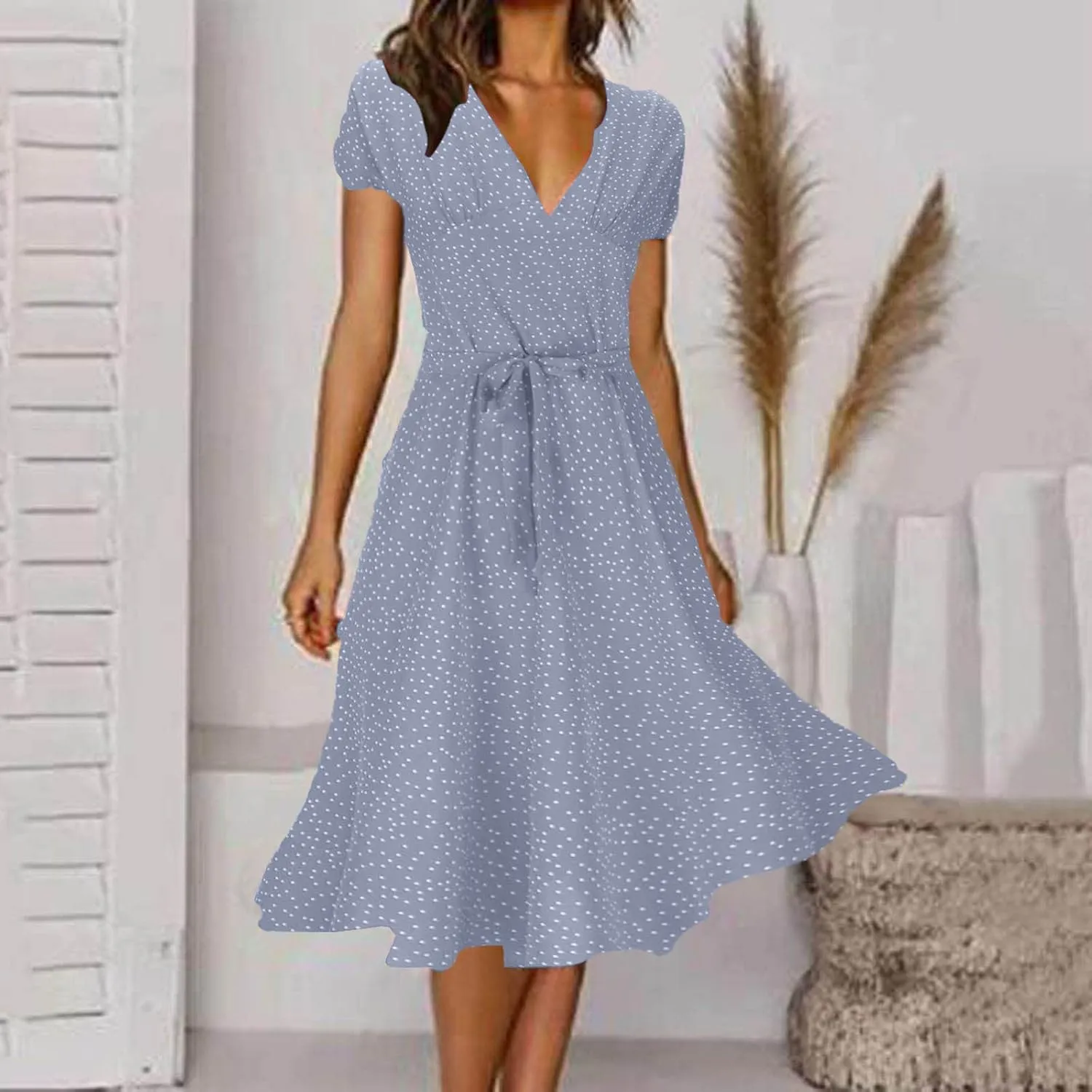 Women Summer Short Sleeve Casual Midi Dresses V Neck Floral Sundress Faux Wrap Dress with Pocket Chiffon Floral Beach Dresses
