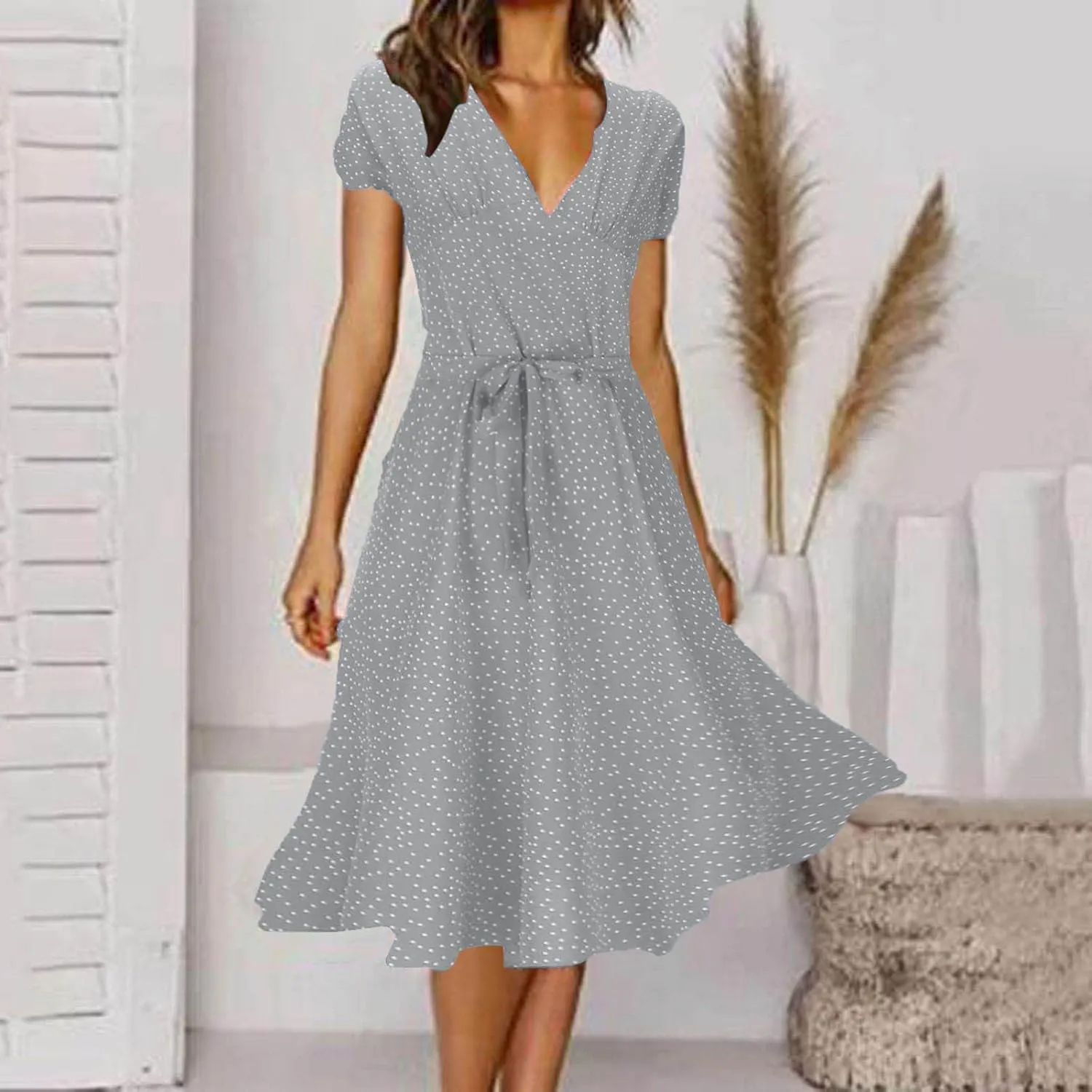 Women Summer Short Sleeve Casual Midi Dresses V Neck Floral Sundress Faux Wrap Dress with Pocket Chiffon Floral Beach Dresses