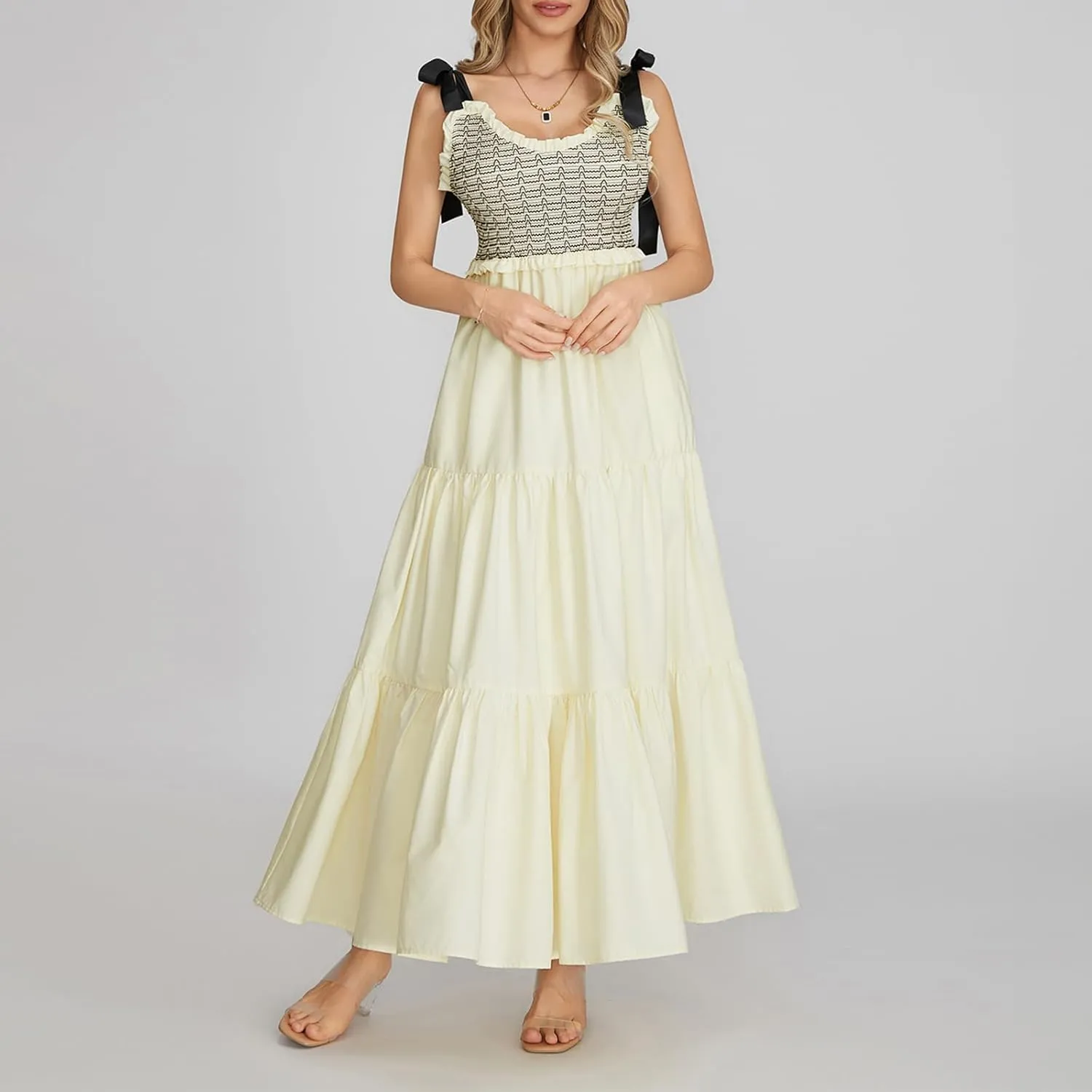 Women Tie Shoulder Maxi Dress Y2k Summer Floral Boho Long Dress Sleeveless Tiered Flowy Beach Sundress