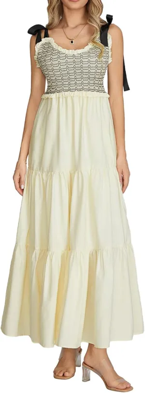 Women Tie Shoulder Maxi Dress Y2k Summer Floral Boho Long Dress Sleeveless Tiered Flowy Beach Sundress