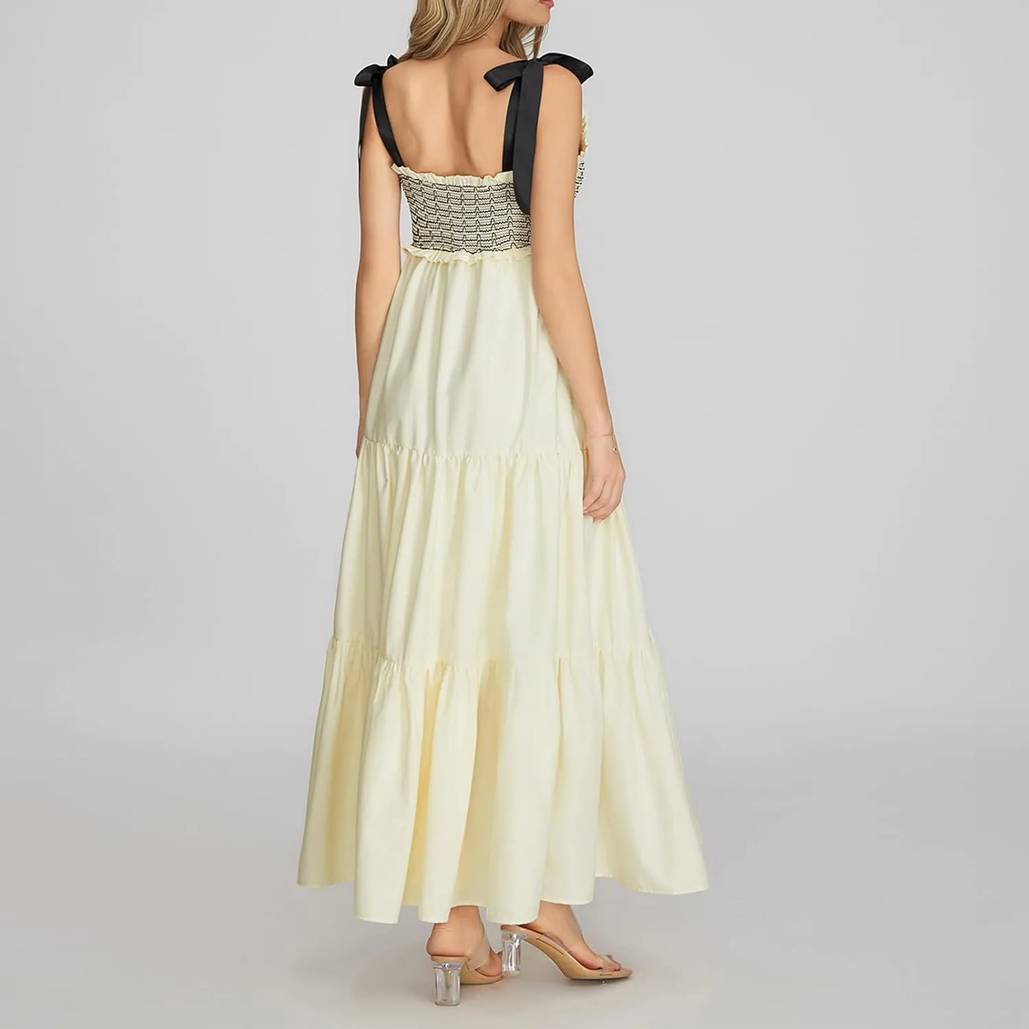 Women Tie Shoulder Maxi Dress Y2k Summer Floral Boho Long Dress Sleeveless Tiered Flowy Beach Sundress