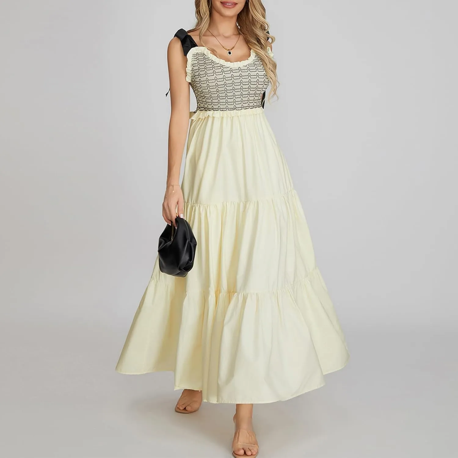 Women Tie Shoulder Maxi Dress Y2k Summer Floral Boho Long Dress Sleeveless Tiered Flowy Beach Sundress