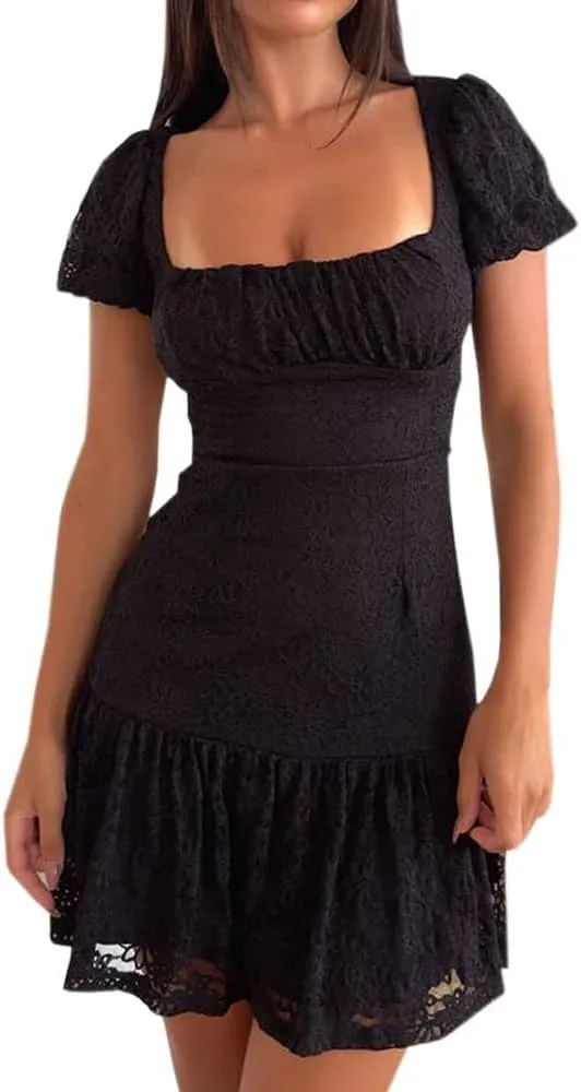 Women Y2K Square Neck Mini Dress Sweet Ruffle Lace Flare A Line Short Dress Fairy Backless Babydoll Dresses