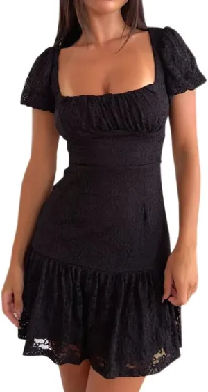 Women Y2K Square Neck Mini Dress Sweet Ruffle Lace Flare A Line Short Dress Fairy Backless Babydoll Dresses