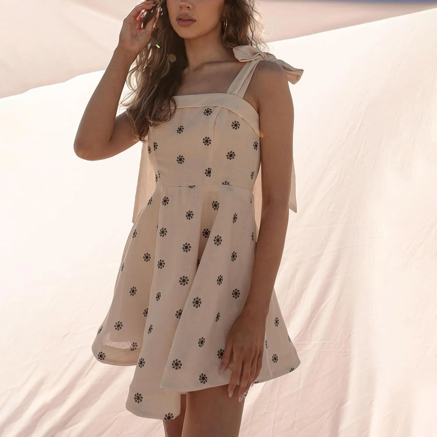 Women Y2K Tie Shoulder Mini Dress Floral Print Strap Flowy A-Line Dresses Summer Beach Vacation Sundress