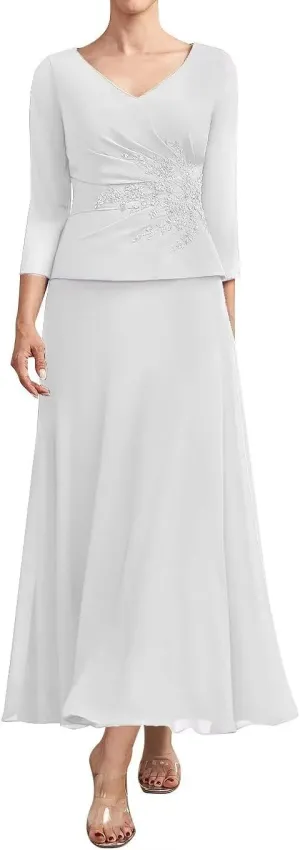 Women's 2 Pieces Mother of The Bride Dress for Wedding with Sleeves Chiffon Long Formal Evening Gowns