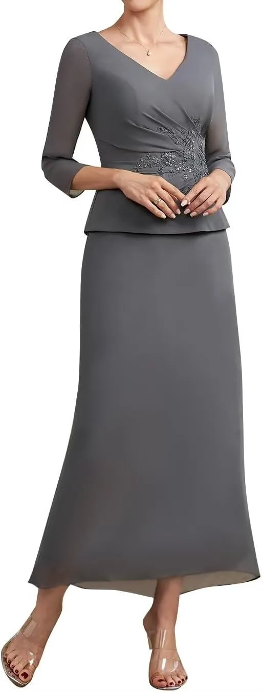 Women's 2 Pieces Mother of The Bride Dress for Wedding with Sleeves Chiffon Long Formal Evening Gowns