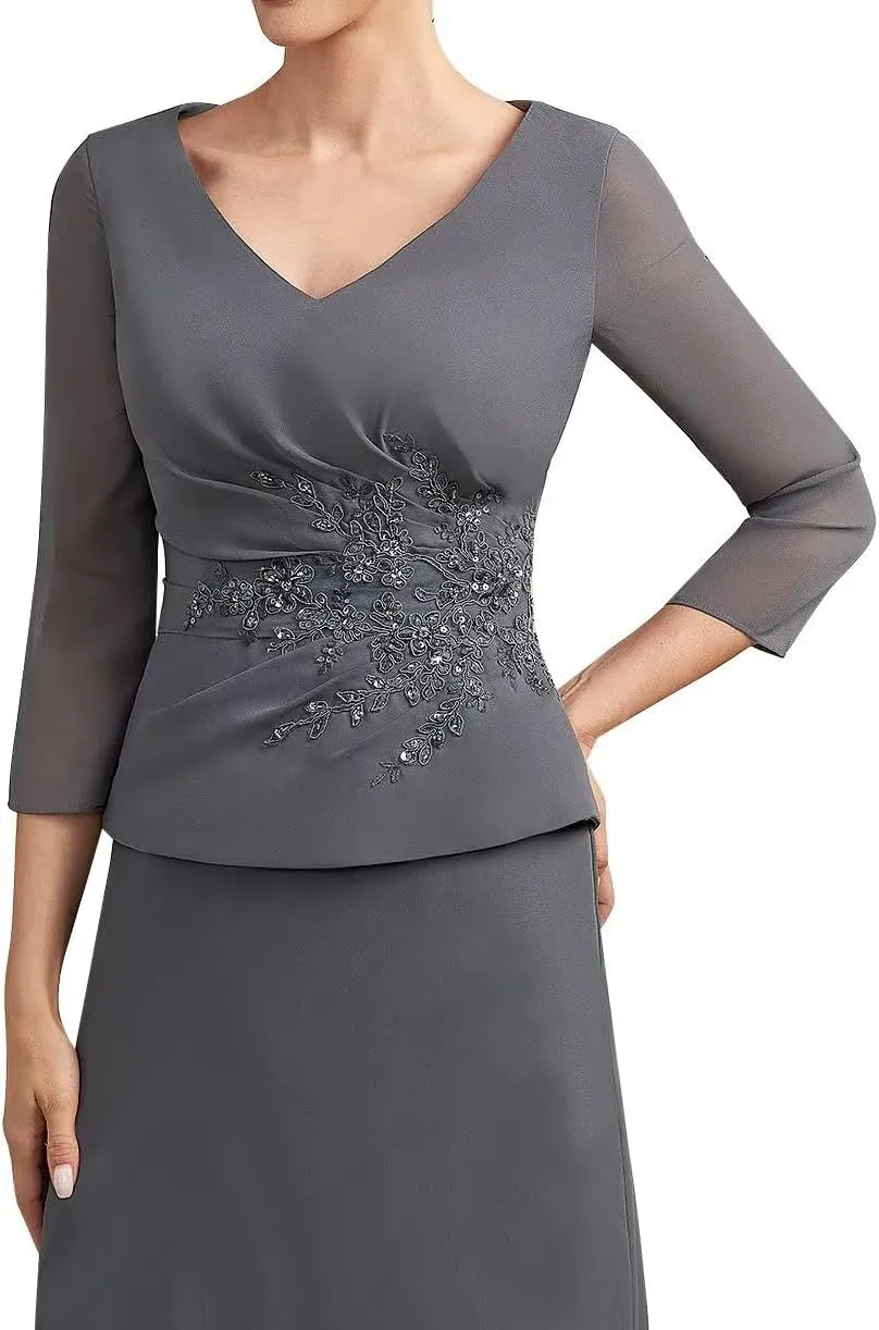Women's 2 Pieces Mother of The Bride Dress for Wedding with Sleeves Chiffon Long Formal Evening Gowns