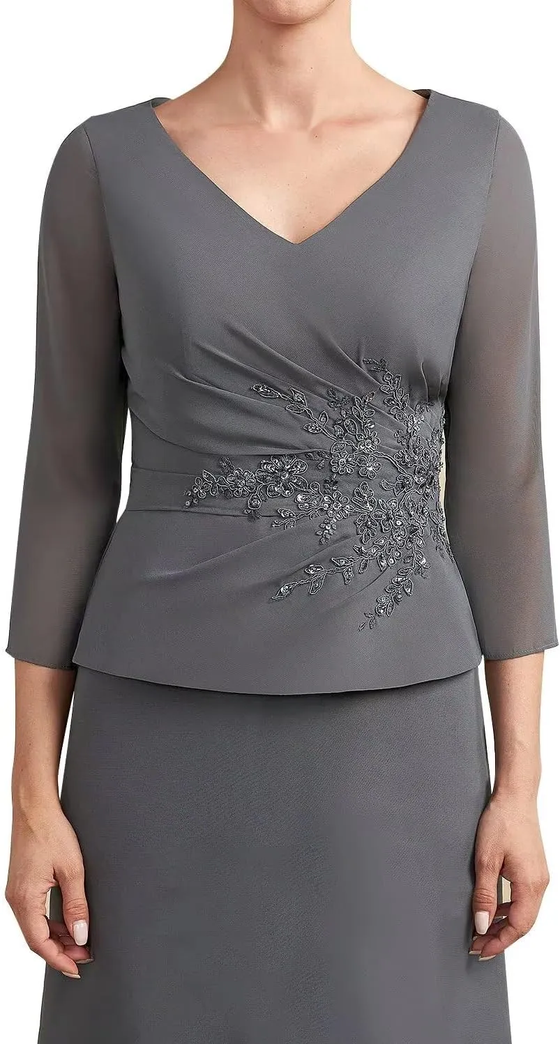 Women's 2 Pieces Mother of The Bride Dress for Wedding with Sleeves Chiffon Long Formal Evening Gowns