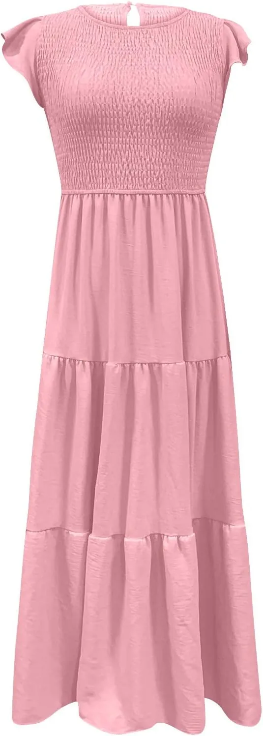 Women's 2024 Summer Short Sleeves Dress Casual Loose Flowy Tiered Ruffle Pleated Sundress Beach Cover Up Dresses