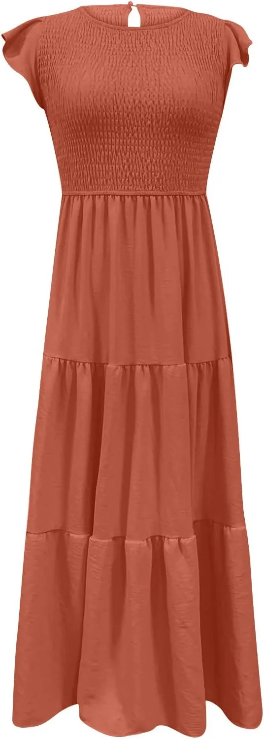 Women's 2024 Summer Short Sleeves Dress Casual Loose Flowy Tiered Ruffle Pleated Sundress Beach Cover Up Dresses