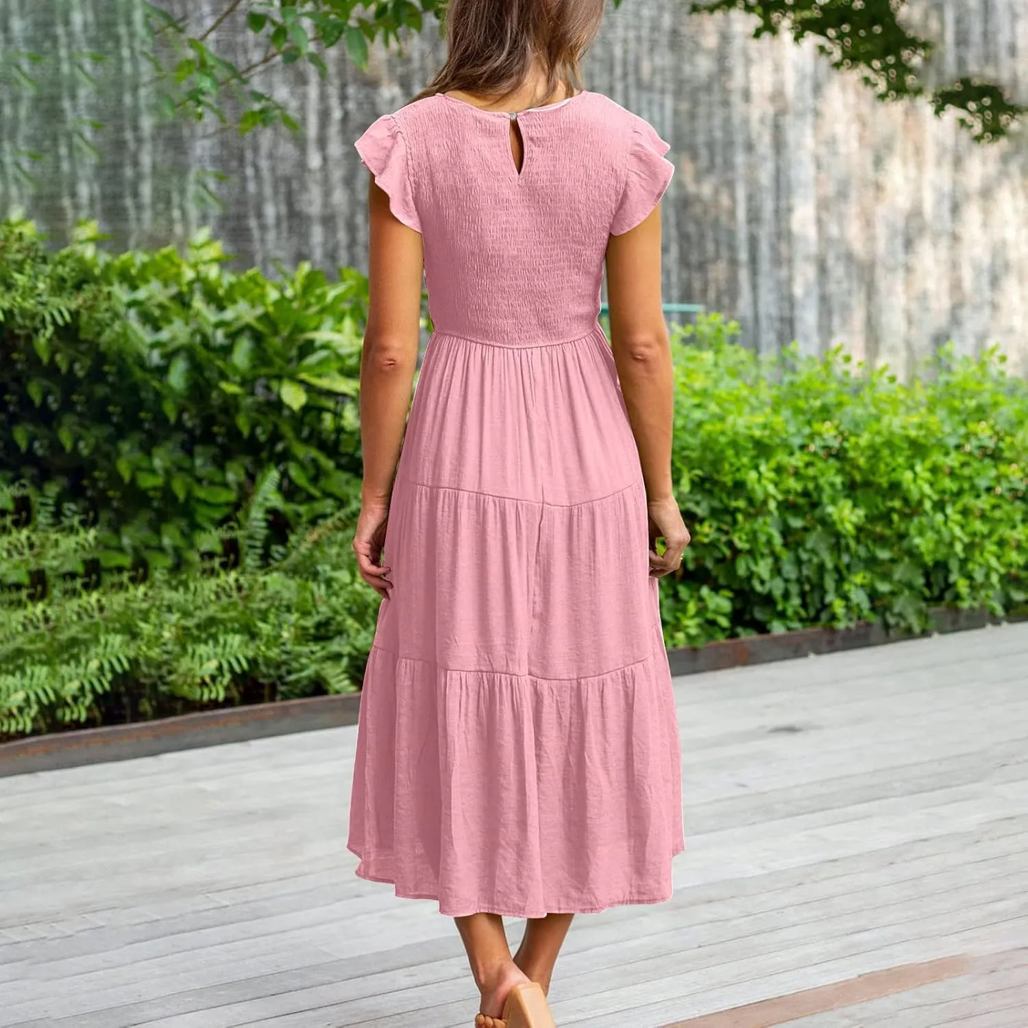 Women's 2024 Summer Short Sleeves Dress Casual Loose Flowy Tiered Ruffle Pleated Sundress Beach Cover Up Dresses