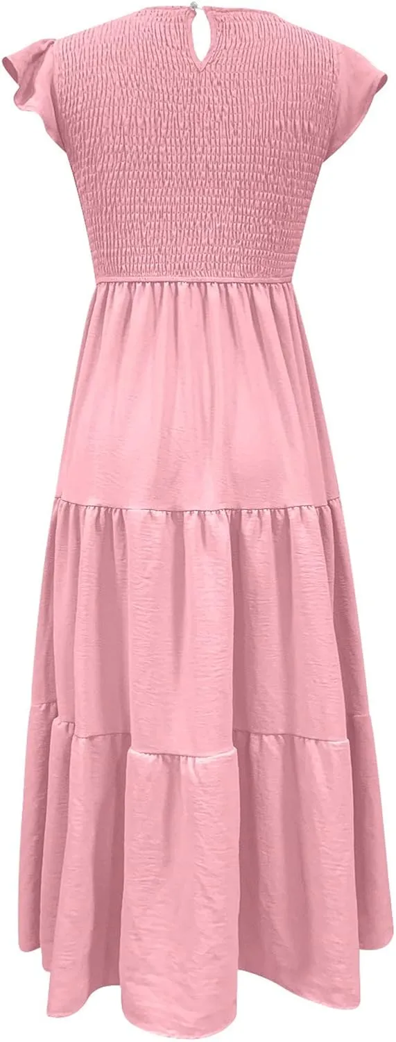 Women's 2024 Summer Short Sleeves Dress Casual Loose Flowy Tiered Ruffle Pleated Sundress Beach Cover Up Dresses