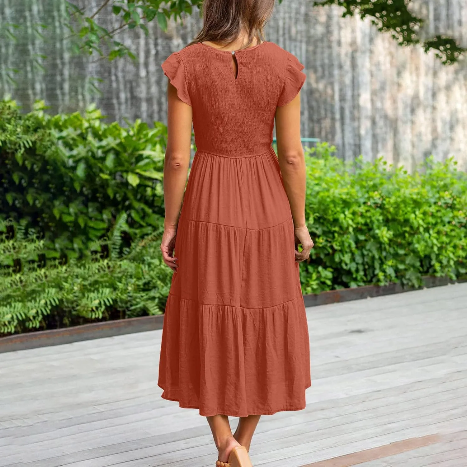 Women's 2024 Summer Short Sleeves Dress Casual Loose Flowy Tiered Ruffle Pleated Sundress Beach Cover Up Dresses