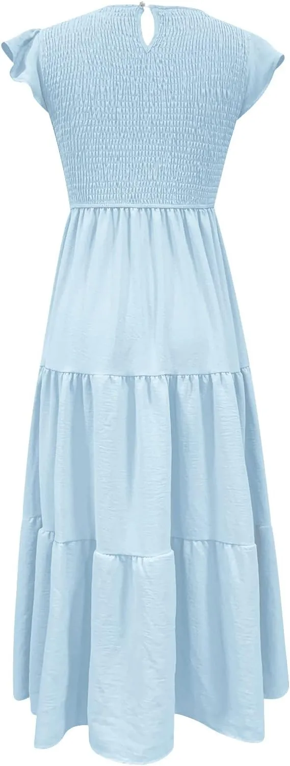 Women's 2024 Summer Short Sleeves Dress Casual Loose Flowy Tiered Ruffle Pleated Sundress Beach Cover Up Dresses