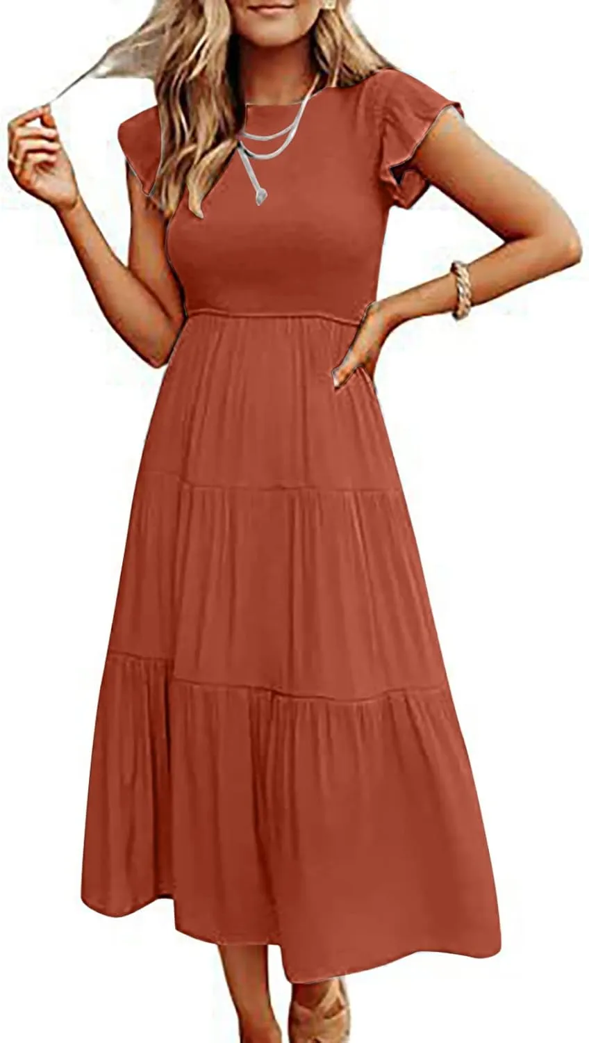 Women's 2024 Summer Short Sleeves Dress Casual Loose Flowy Tiered Ruffle Pleated Sundress Beach Cover Up Dresses