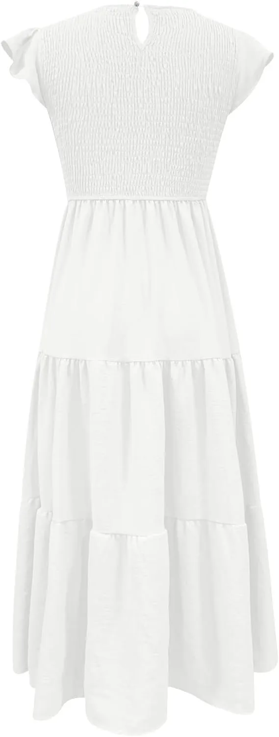 Women's 2024 Summer Short Sleeves Dress Casual Loose Flowy Tiered Ruffle Pleated Sundress Beach Cover Up Dresses