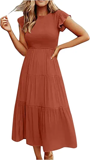 Women's 2024 Summer Short Sleeves Dress Casual Loose Flowy Tiered Ruffle Pleated Sundress Beach Cover Up Dresses