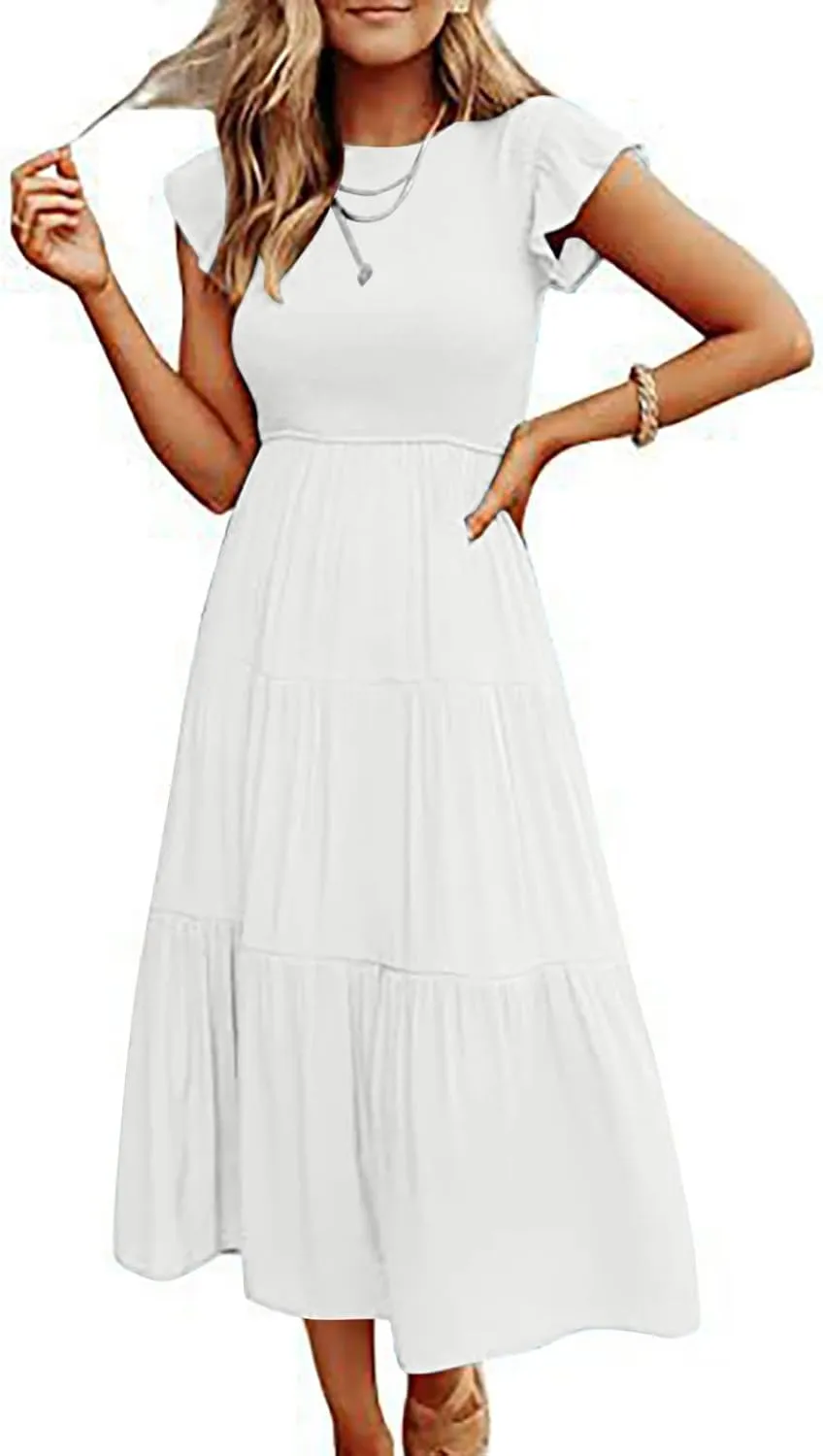 Women's 2024 Summer Short Sleeves Dress Casual Loose Flowy Tiered Ruffle Pleated Sundress Beach Cover Up Dresses