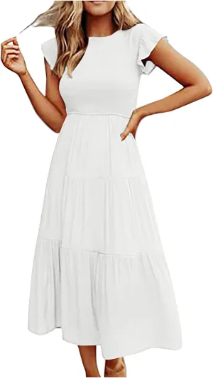 Women's 2024 Summer Short Sleeves Dress Casual Loose Flowy Tiered Ruffle Pleated Sundress Beach Cover Up Dresses