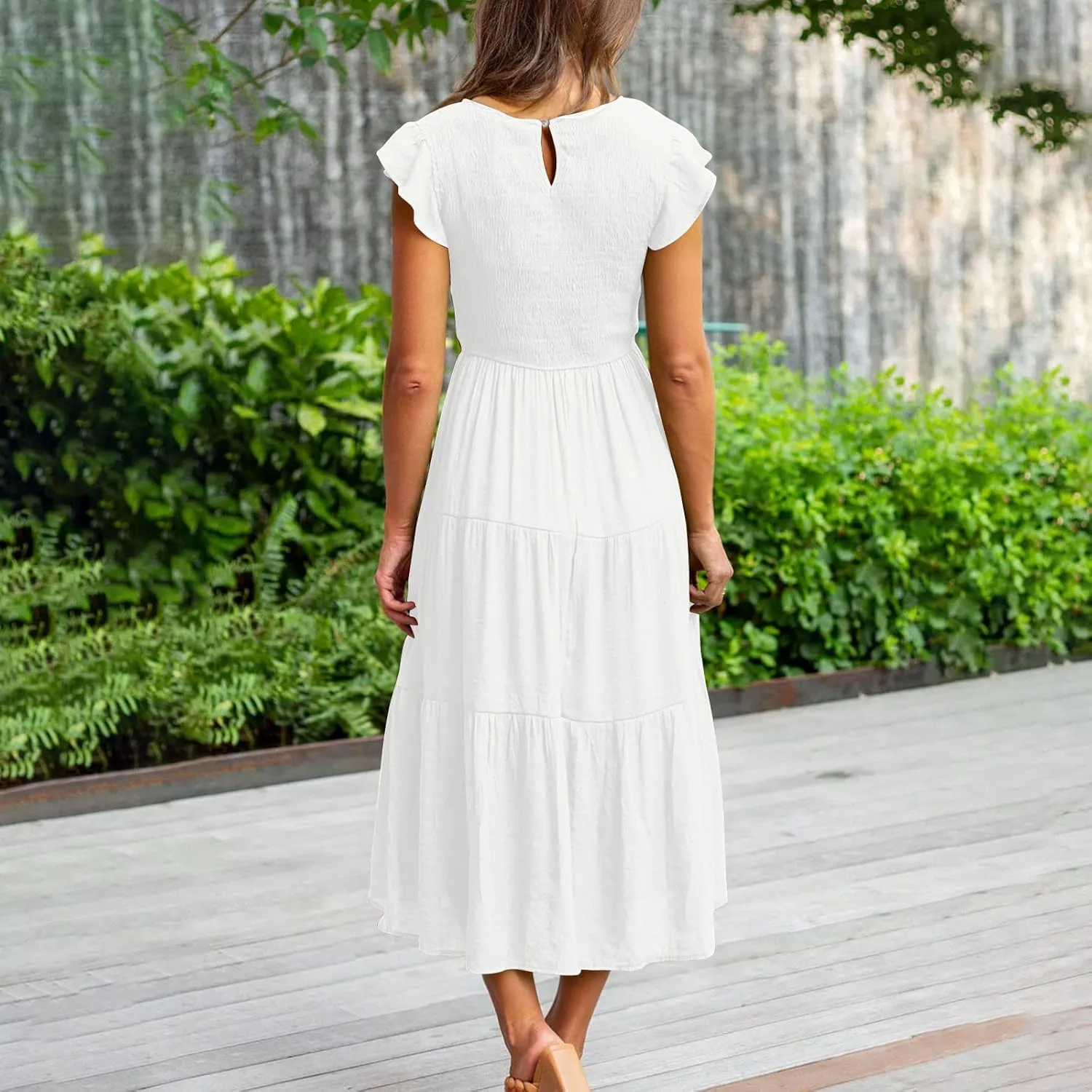 Women's 2024 Summer Short Sleeves Dress Casual Loose Flowy Tiered Ruffle Pleated Sundress Beach Cover Up Dresses
