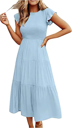 Women's 2024 Summer Short Sleeves Dress Casual Loose Flowy Tiered Ruffle Pleated Sundress Beach Cover Up Dresses
