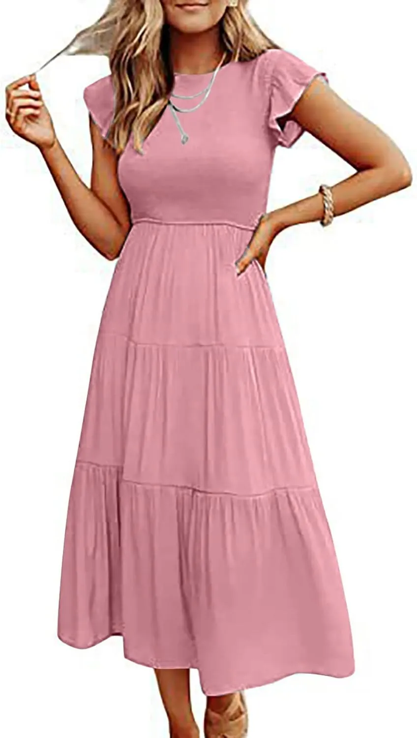 Women's 2024 Summer Short Sleeves Dress Casual Loose Flowy Tiered Ruffle Pleated Sundress Beach Cover Up Dresses