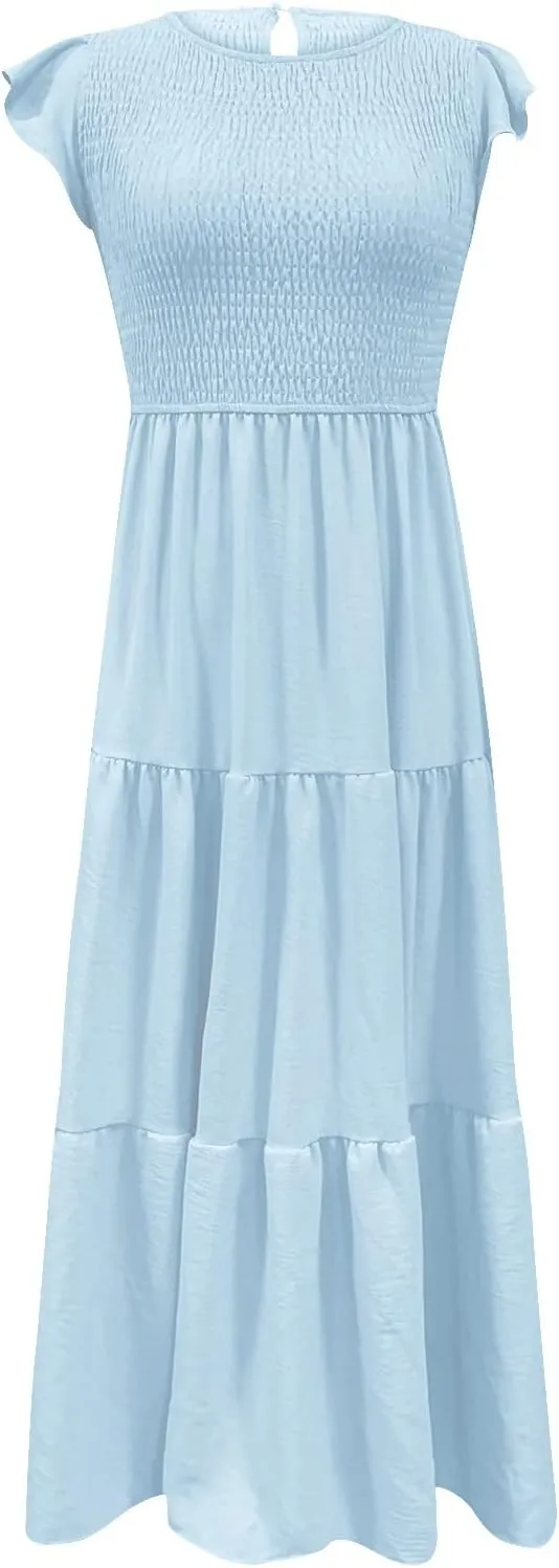 Women's 2024 Summer Short Sleeves Dress Casual Loose Flowy Tiered Ruffle Pleated Sundress Beach Cover Up Dresses