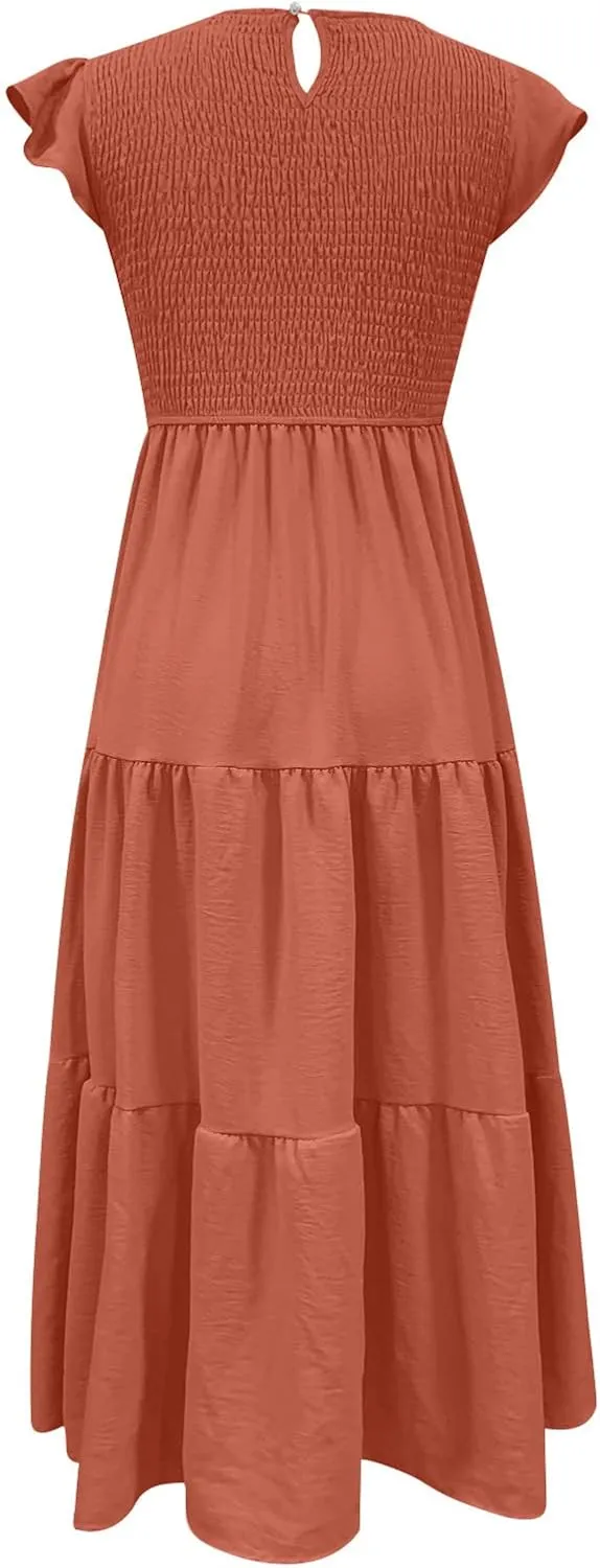 Women's 2024 Summer Short Sleeves Dress Casual Loose Flowy Tiered Ruffle Pleated Sundress Beach Cover Up Dresses
