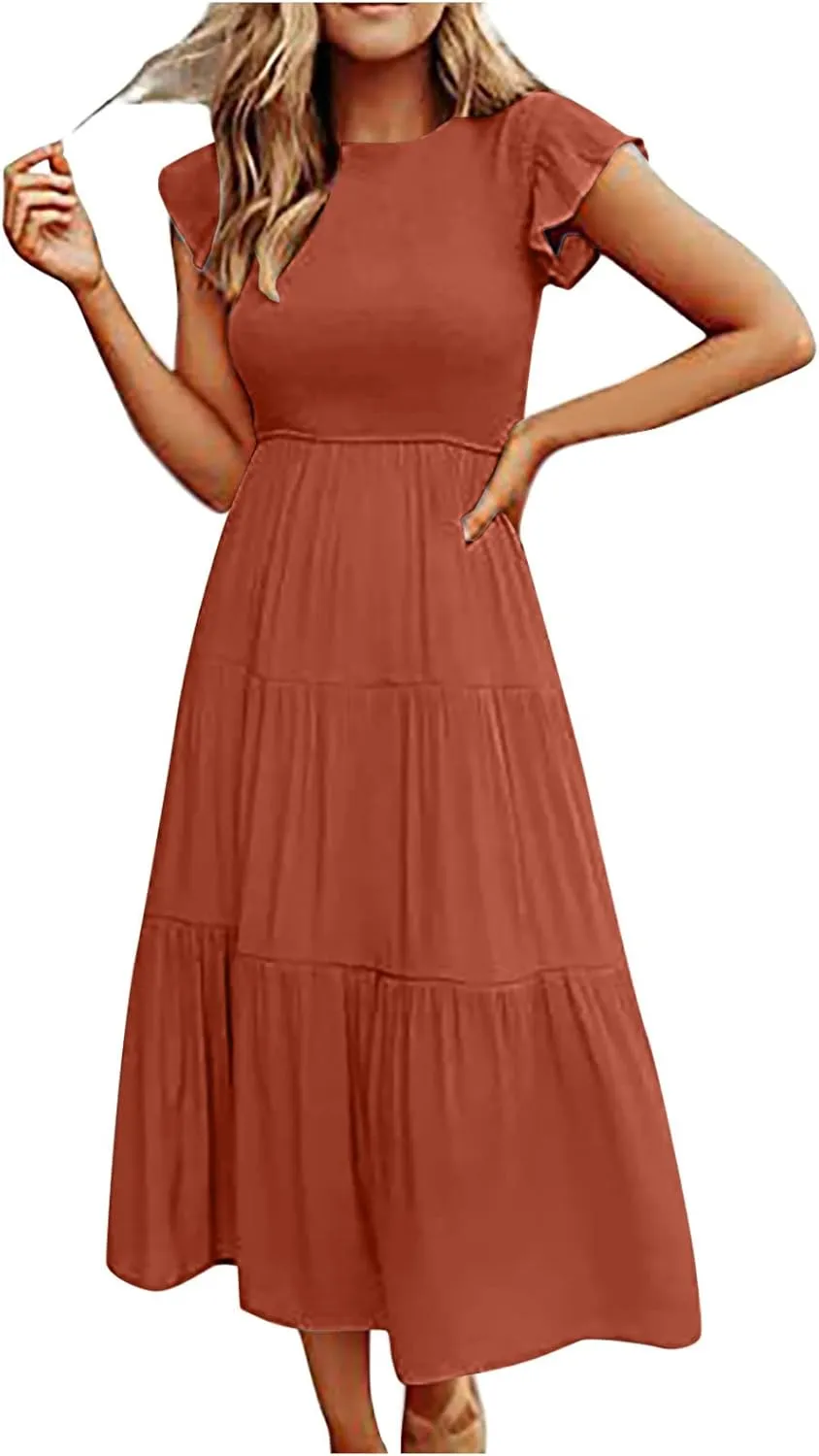 Women's 2024 Summer Short Sleeves Dress Casual Loose Flowy Tiered Ruffle Pleated Sundress Beach Cover Up Dresses