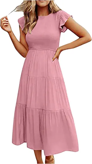 Women's 2024 Summer Short Sleeves Dress Casual Loose Flowy Tiered Ruffle Pleated Sundress Beach Cover Up Dresses