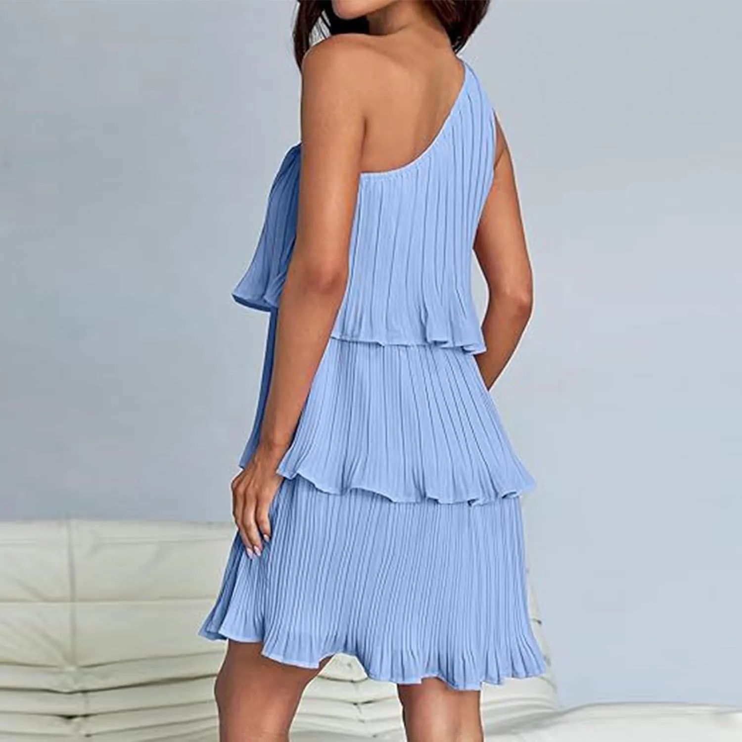 Women's 2024 Summer Sleeveless Mini Dress Boho One Shoulder Ruffle Tiered Layered Chiffon Flowy A Line Dresses